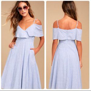 Rock Blue & White Striped Off Shoulder Midi Dress